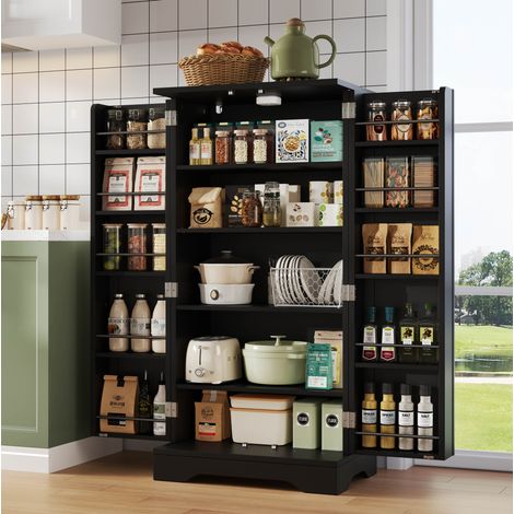 Armario alto con LED y baldas regulables cocina negro OKMYHOME (1/5)
