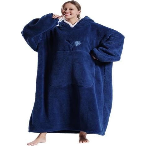 1 pièce Couverture Polaire avec Manches, Sweat Plaid Canapé Grande Taille, Bleu Foncé, pour Adulte Homme Femme, Idéal Hiver Intérieur/Extérieur