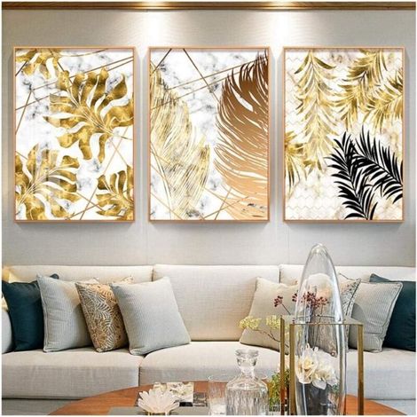 Lot de 3 tableaux sur toile de style nordique avec feuilles dorées - Décoration murale moderne pour salon ou chambre à coucher - 30 x 40 cm (sans cadre) (1/5)
