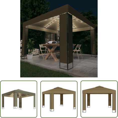 The Living Store Tonnelle avec double toit et lumières LED 3x3x2,7 m Taupe - Tente Extérieure - Abri Jardin - Tonnelle Pliable - Structure Jardin - Parasol Géant (1/5)