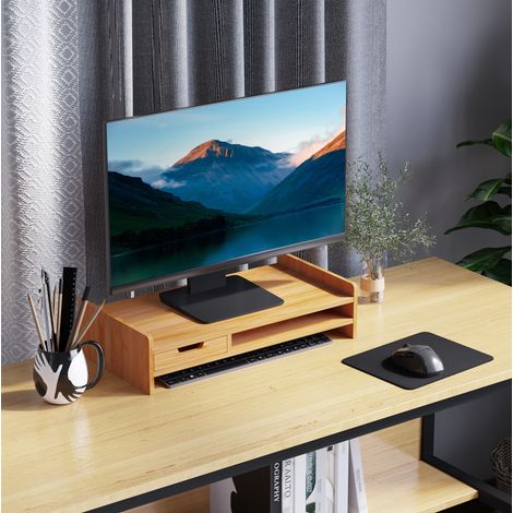 Support écran de bureau en bois avec 1 tiroir et espace de rangement, 49 x 25,5 x 11,5 cm, pour ordinateur portable, CHICFURN (1/5)