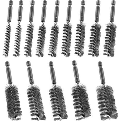 14Pcs Brosses métalliques pour perceuse, 8-25 mm brosse cylindrique en acier inoxydable, avec tige hexagonale, brosse de chaudière pour ponceuse à percussion (1/4)