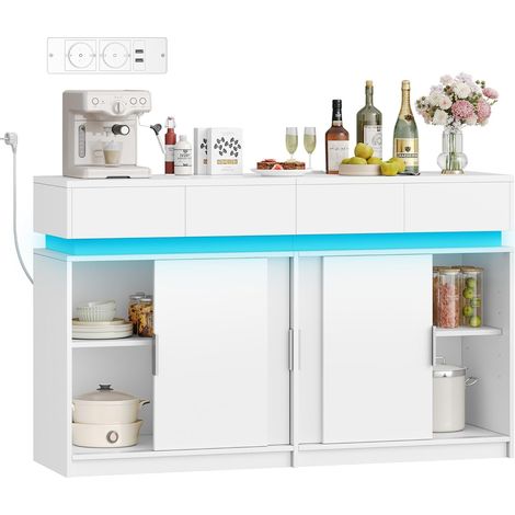 Meuble Cuisine à 4 Tiroirs, Buffet à 4 Portes Coulissantes, Meuble de Rangement avec Multiprise et Lampe à LED, Étagères Réglables, Cuisine, Pièce, 40 x 140 x 85 cm, Blanc (1/5)