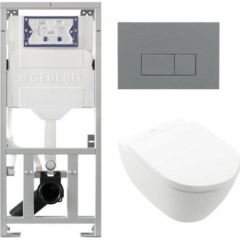Villeroy Boch Subway 2.0 DirectFlush Pack WC suspendu - bâti-support Geberit - plaque de commande gris clair - boutons rectangulaires - abattant