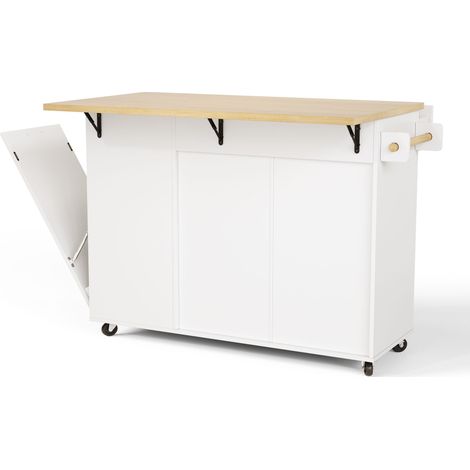 Îlot de cuisine mobile en MDF avec plateau rabattable, rangements, porte-poubelle et roulettes freinées pour cuisine et salle à (1/5)