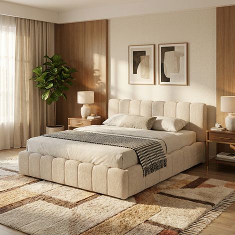 Lit Coffre 180x200 cm – Tissu Chenille Beige, Sommier à Lattes Inclus (1/5)