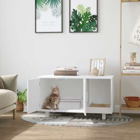 Maison de toilette pour chat, meuble 2 portes, compartiment griffoir, table d'appoint, 50,5H x 91L x 52l cm, MDF, blanc