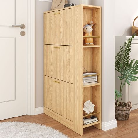 Armario de zapatos moderno y minimalista de madera, diseño de tres puertas, gran capacidad, estantes abiertos, elegante y práctico, adecuado para la entrada/vestíbulo. (1/5)