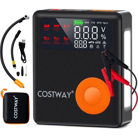 COSTWAY Arrancador de Batería de Coche, 2000A 12V 13000mAh con Compresor de Aire, Inflador de Neumáticos Digital de 150PSI, Pantalla LED, y Luz de Emergencia, para 8L de Gasolina y 5L de Diésel