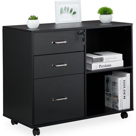 Relaxdays Mobile Filing Cabinet, 3 Drawers, 2 Shelves, HWD: 66 x 80 x 40 cm, 4 Wheels, Lockable, Office Storage, Black