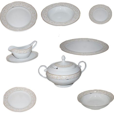 Servizio di piatti in porcellana bianca filo oro tazze tè caffè caffettiera teiera lattiera zuccheriera da portata zuppiera - Set tavola porcellana: Set 18 piatti per 6 post. tav.