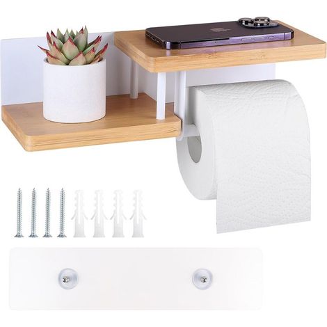 Porte Papier Toilette Mural en Bambou avec Étagères sans Perçage 31.5×12.5×8.5 cm Dérouleur Papier Toilette Adhesif ou à Percer pour Salles de Bains Cuisines Toilettes, Blanc (1/5)