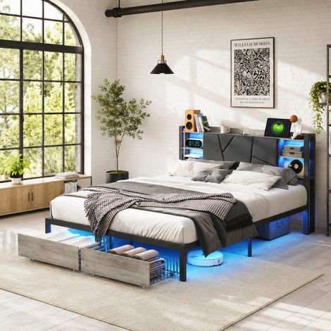 Lit double gris avec 2 tiroirs - Lit coffre adulte 140 x 200 - Tête de lit rembourrée avec espace de rangement - Ports USB et Type-C - Bande LED - PU (1/5)