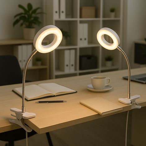 Lampada a morsetto bianca lampada a morsetto da soggiorno LED con spina, lampada da tavolo, lampada da lettura, faretto mobile, metallo, 1x LED 4W 330Lm 3000K, DxH 9x21 cm, set di 2