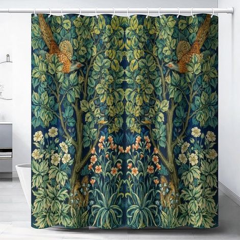 Rideau de Douche Style Médiéval Rétro, Motifs Floraux Oiseaux et Plantes Vertes, Impression Artistique Abstraite, Décoration de Salle de Bain (1/5)