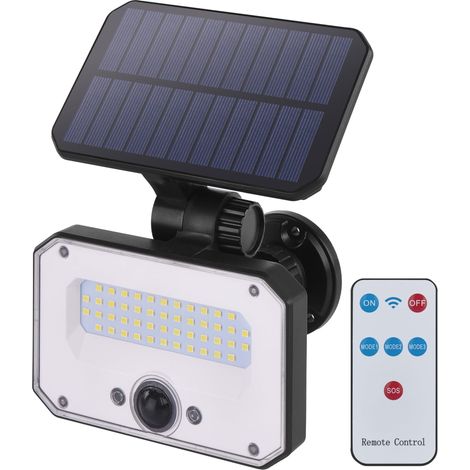 Lampe solaire LED pour l'extérieur avec détecteur de mouvement et télécommande - Applique murale solaire pour maison/jardin - Portée du capteur 6 m/120° - 4 modes d'éclairage, luminosité (1/5)