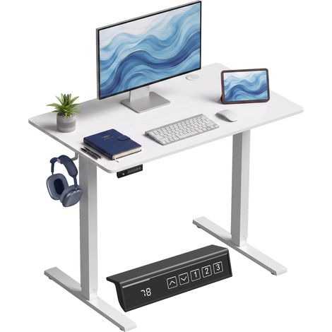 HOMCOM escritorio elevable 100x60 cm, escritorio eléctrico regulable en altura con 3 alturas de memoria, pantalla LED, 2 ganchos, 2 pasacables, blanco (1/5)