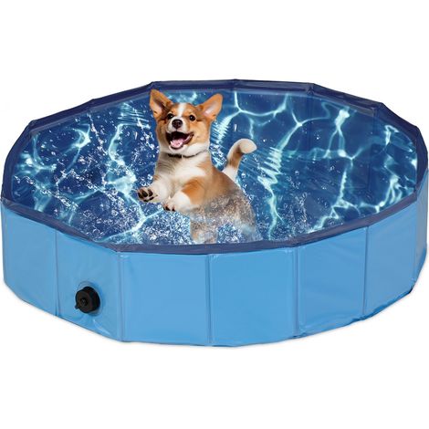 Relaxdays Piscine pour chien, avec valve, pliable, 20 x 80 cm, pour rafraîchir votre animal, PVC & MDF, bleu (1/5)