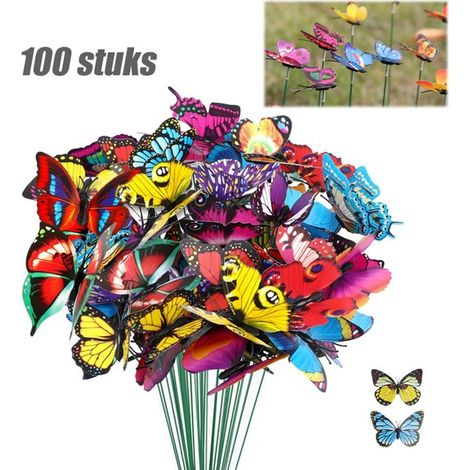 100 pièces - Décoration papillon pour jardin - Décoration pour pots de fleurs - Tuteur de jardin - Tuteurs papillon en plastique - PVC imperméable - Pour pots de fleurs et jardin - Taille des papillon (1/5)