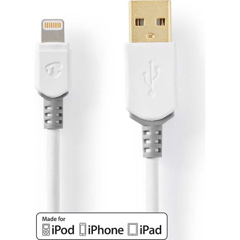 Cable relámpago  USB 2.0  Apple Lightning, 8 pines  USB-A macho  480Mbps  Chapado en oro  1,00m  Redondo  PVC  Gris / Blanco  Caja con ventana