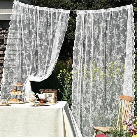 Rideaux anciens en dentelle blanche, motif floral, style champêtre, 75x200 cm.