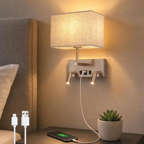 GBLY Wandleuchte Innen mit Schalter Moderne Wandlampe E27 Stoffschirm USB-A USB-C Ladefunktion Zwei 360° drehbare LED Leselampen Bettlampe für Schlafzimmer Hotel ohne Leuchtmittel (1/5)