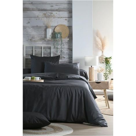Housse de couette en percale de coton uni 140 x 200 cm Elysée anthracite (1/3)
