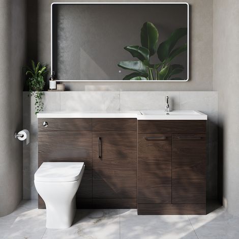 Napoli 390 Brown Oak 1500mm 3 Door Vanity Unit Toilet Suite with Right Hand Square Lucia Basin - 1500mm - Chrome 160mm HandleWith Kingston Toilet Pan and Seat