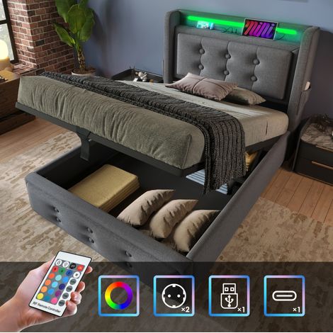 Bett 90x200 cm gepolstert in Grau mit Kopfteil, USB/Type-C, LED und Stauraum unter Lattenrost (1/5)