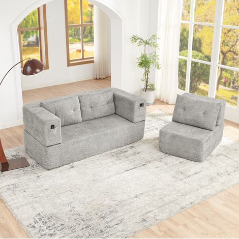 Divano modulare con poltrona 194x97x78 cm in tessuto grigio chiaro, salvaspazio FloraGrace (1/5)