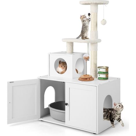 Cat Litter Box Enclosure with Cat Tree 2-in-1 Hidden Cats Washroom Furniture (1/5)