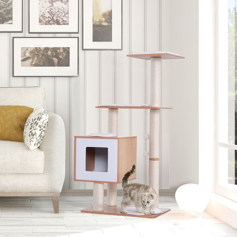 Rascador para gatos de 120 cm de altura con caseta, plataformas y juguetes de sisal, MDF 71,5 x 49,5 x 120 cm, madera, blanco. (1/5)