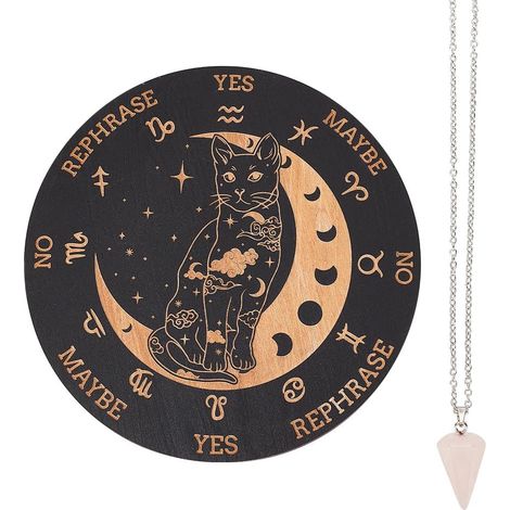 Pendule en bois de 20,1 cm avec chat lune, sorcière, radiesthésie, planchette de divination, tableau métaphysique avec collier en cristal de guérison, sorcellerie et autel Wicca (1/5)