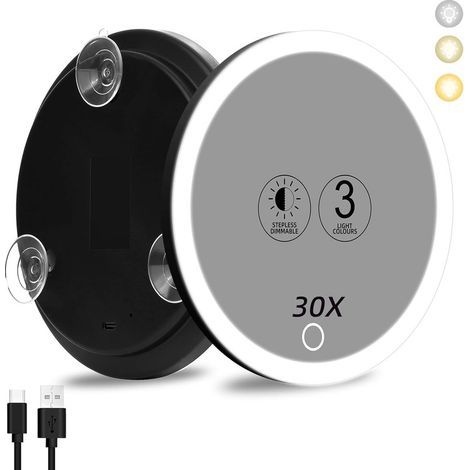Miroir grossissant 30x avec lumière LED – Diamètre 10 cm – 3 couleurs d'éclairage – Fixation par ventouses – Pour maquillage précis (1/5)