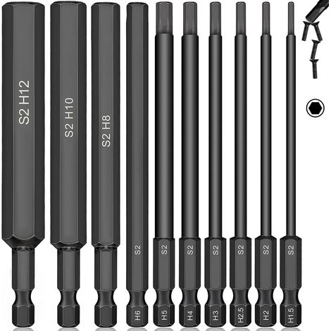 Lot de 10 forets à tête hexagonale de 100 mm de long pour clé Allen de 12 mm à 1 5 mm métrique embouts magnétiques en acier S2 pour meubles de type (1/4)