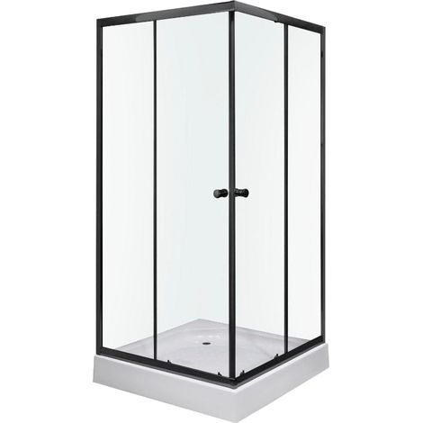 Pack Paroi de douche + receveur OLGA SQ BLACK 2 portes coulissantes et 2 verres fixes noir mat 80 x 80 cm