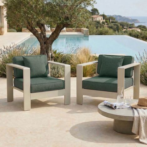 Lot de 2 fauteuils de jardin en alu crème et housse verte