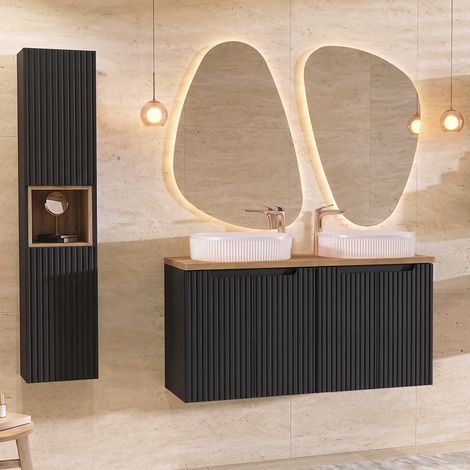 Ensemble meuble double vasque 120cm 4 portes et colonne Riva Noir et Bois (1/5)