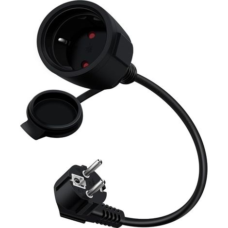 Schuko Extension Cable 16 A 250 V Mini Electric Extension Cable Short 2 AC Socket IP44 for Outdoor or Indoor Use (Black, 0.3 m) (1/5)
