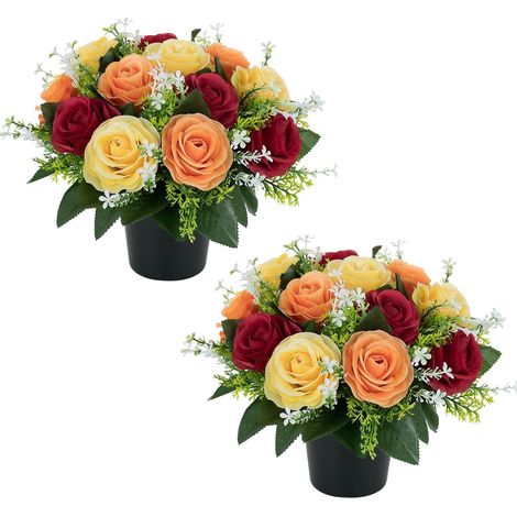 Cimetiere Fleurs Artificielles en Pot: 2 Pcs Rouge Jaune Orange Rose Artificielle avec Vase pour Cimetière Tombe Deco - Fleur Artificiel pour Exterieur Tombale Funéraire Decoration (1/5)