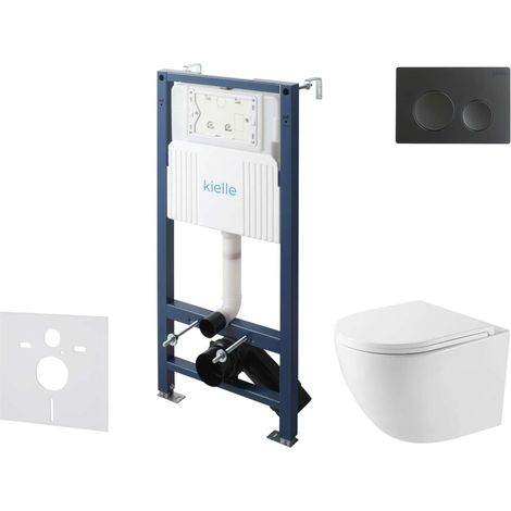 kielle Genesis New - Conjunto de instalación empotrada, inodoro compacto Oudee, Vortex Rimless+, asiento softclose y pulsador Gemini New I, negro mate 30528SS39