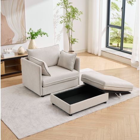 Sillón lounge beige con reposapiés con almacenaje de terciopelo Altay OKWISH (1/5)