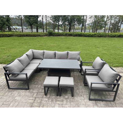 Fimous 9 Pieces Aluminium Garden Furniture Sets with Adjustable Rising Lifting Dining Table,Chair,2 Small Footstools 10 Seater Corner Sofa Set Dark Grey (1/5)
