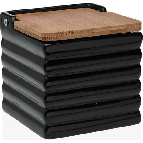 Versa Salero con Tapa Rayas Negro Cerámica Bambú Dolomita 11 x 11 x 11 cm - Marca EAN: 8420327541499