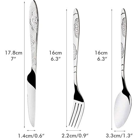 4-teiliges Besteckset aus Edelstahl, bestehend aus Messer, Gabel und Löffel, mit gravierter Oberfläche, leicht, tragbar und robust. (1/5)
