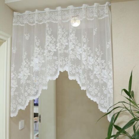 160x100cm Voilage Cuisine Court Rideaux de Cuisine Dentelle Brodée Fleurie, Style Campagne, Rideau Brise Bise À Œillets, Polyester Blanc