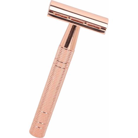 Tondeuse à barbe manuelle de sécurité avec manche à double lame, lavable, pour hommes, couleur or rose. (1/5)