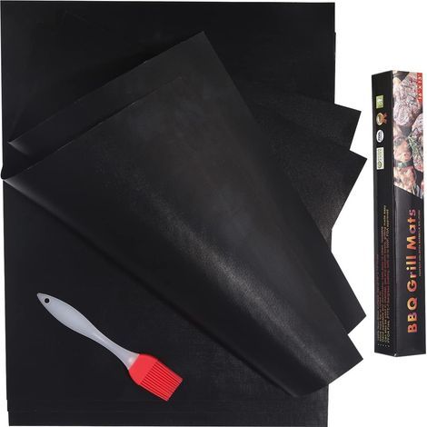 Ustensiles de barbecue, tapis de cuisson, lot de 4 tapis de cuisson pour barbecue, brosse en silicone, four à barbecue - 40 cm x 33 cm - Grille antiadhésive, tapis de cuisson réutilisables pour barbec (1/4)