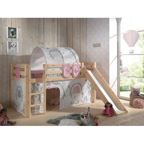 Cama de media altura 90x200 con tobogán, somier y funda Birdy Vipack Pino - Madera (1/4)