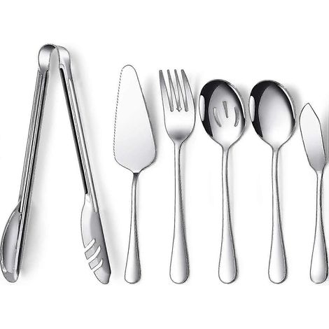 Ensemble de 6 ustensiles de service : grande cuillère de service, fourchette de service, couteau. Idéal pour buffet, traiteur et restauration. Compatible lave-vaisselle. Convient pour buffet, petit-dé